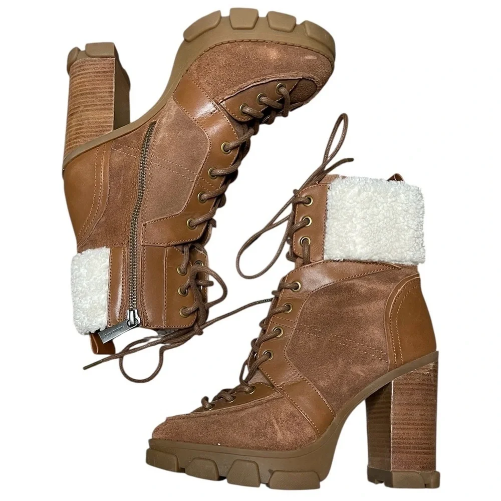Michael Kors Ridley Leather And Sherpa Lace Up Boots Size 6.5 Women’s Brown